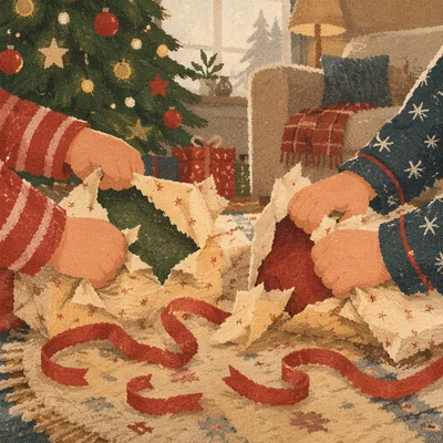 Christmas Morning Gift Unwrapping Close-Up