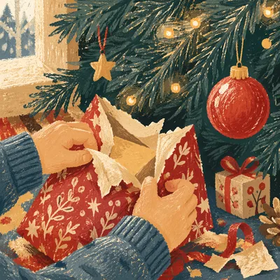 Christmas Morning Gift Unwrapping Close-Up