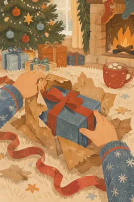 Christmas Morning Gift Unwrapping Close Up