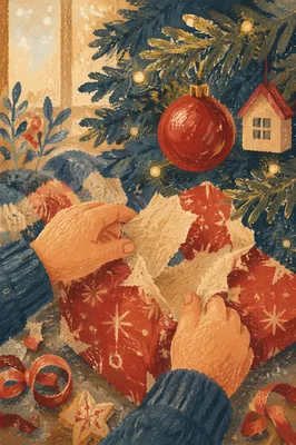 Christmas Morning Gift Unwrapping Close-Up