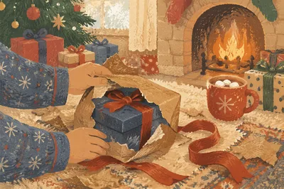 Christmas Morning Gift Unwrapping Close-Up