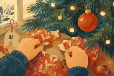 Christmas Morning Gift Unwrapping Close-Up
