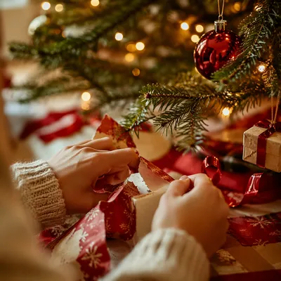 Christmas Morning Gift Unwrapping Close-Up
