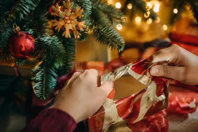 Christmas Morning Gift Unwrapping Close-Up