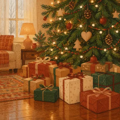 Festive Christmas Presents Beneath Evergreen Tree