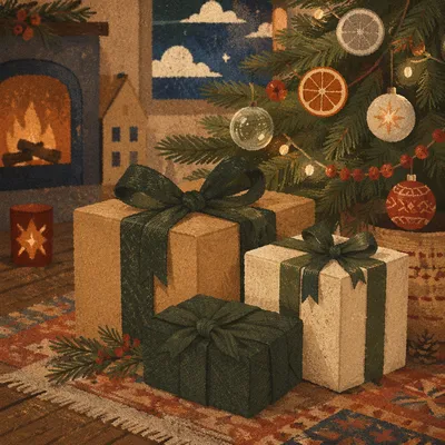 Cozy Christmas Presents Beneath Evergreen Tree