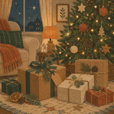 Cozy Christmas Presents Beneath Evergreen Tree