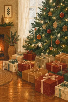 Christmas Presents Beneath Cozy Evergreen Tree