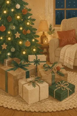 Cozy Christmas Presents Beneath Evergreen Tree