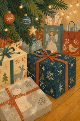 Cozy Christmas Presents Beneath Evergreen Tree