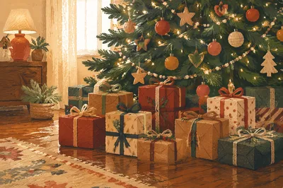 Cozy Christmas Presents Beneath Evergreen Tree