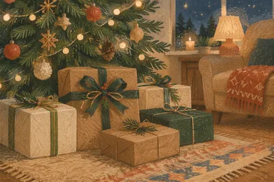 Cozy Christmas Presents Beneath Evergreen Tree