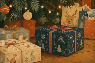 Festive Christmas Presents Beneath Evergreen Tree