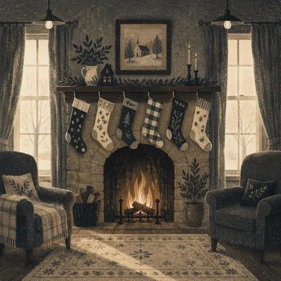 Vintage Christmas Stockings on Cozy Fireplace Mantle