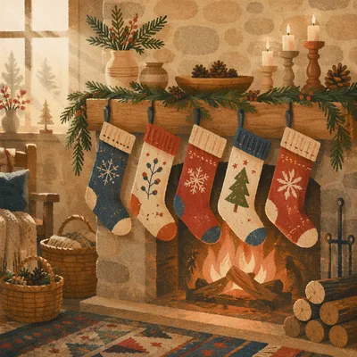 Cozy Christmas Stockings on Rustic Fireplace Mantle