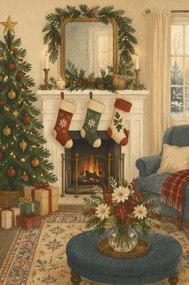 Christmas Stockings on Cozy Fireplace Mantel