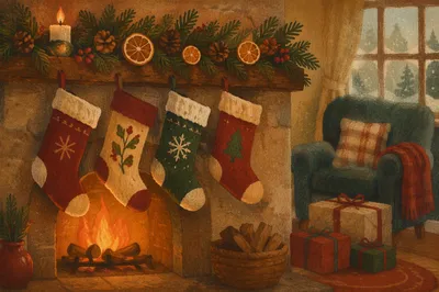 Cozy Christmas Stockings on Rustic Mantel