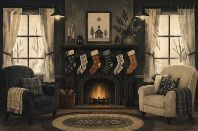 Vintage Christmas Stockings on Cozy Fireplace Mantle