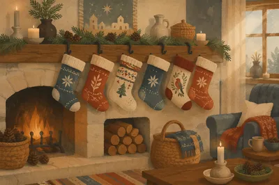 Cozy Christmas Stockings on Rustic Mantle