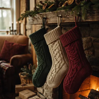 Cozy Knit Christmas Stockings by Fireplace