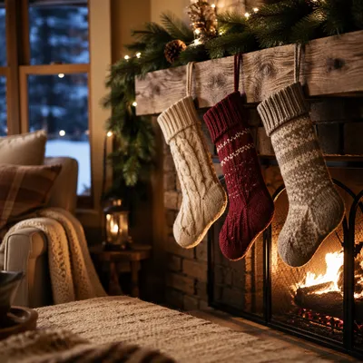 Cozy Christmas Stockings on Rustic Mantel