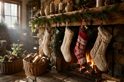 Christmas Stockings on Rustic Fireplace Mantle