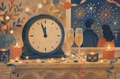 Midnight Countdown Clock on New Year Mantel