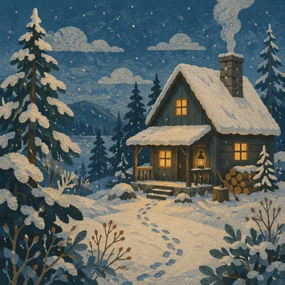 Cozy Snowy Cabin at Blue Hour