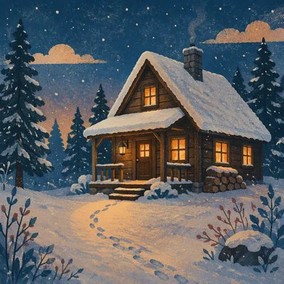 Cozy Snow Covered Cabin at Twilight