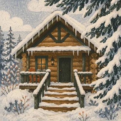 Cozy Snow Covered Cabin Winter Scene