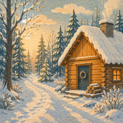 Cozy Snow-Covered Cabin in Winter Woods
