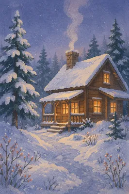 Cozy Snow Covered Cabin at Blue Hour