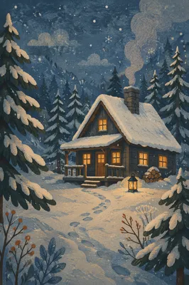 Cozy Snow Covered Cabin at Blue Hour