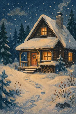 Cozy Snow Covered Cabin at Twilight