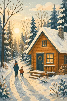 Cozy Snow Covered Cabin in Winter Woods
