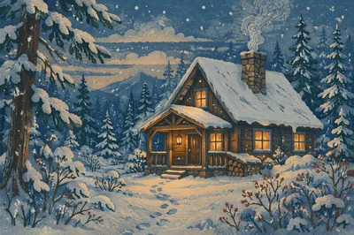 Cozy Snow Covered Cabin at Blue Hour