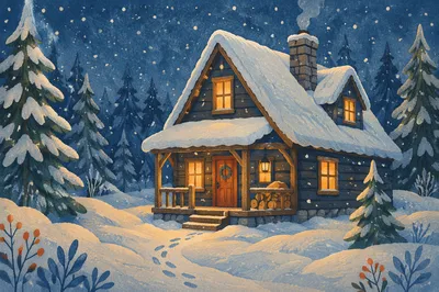 Cozy Snow Covered Cabin at Twilight