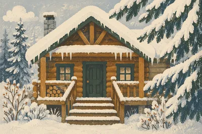 Cozy Snow-Covered Log Cabin in Winter