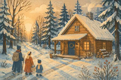 Cozy Snow Covered Cabin in Winter Woods