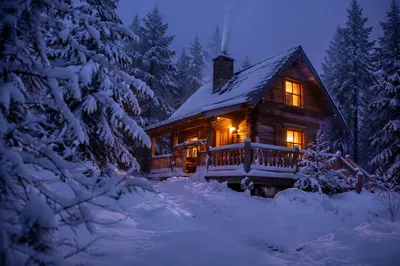 Cozy Snow Covered Cabin at Blue Hour
