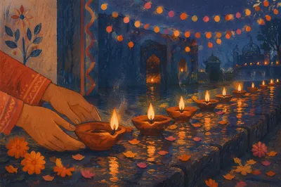 Glowing Diwali Diyas in Rainy Twilight