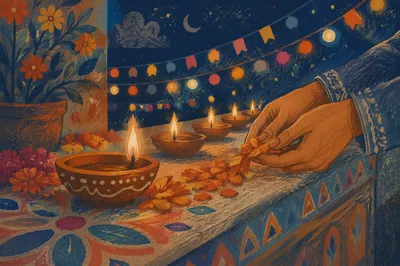 Glowing Diwali Diyas on Festive Balcony