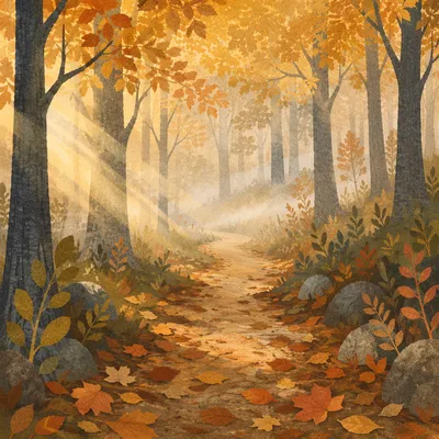 Foggy Autumn Path Beneath Golden Trees