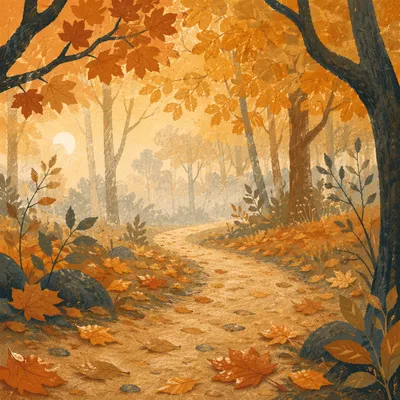 Foggy Autumn Path Beneath Golden Trees