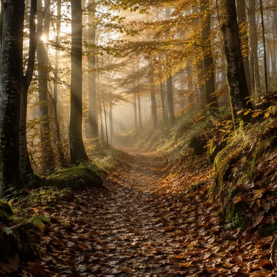 Foggy Autumn Path Beneath Golden Trees