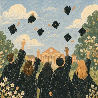 Graduation Caps Soaring Over Spring Campus