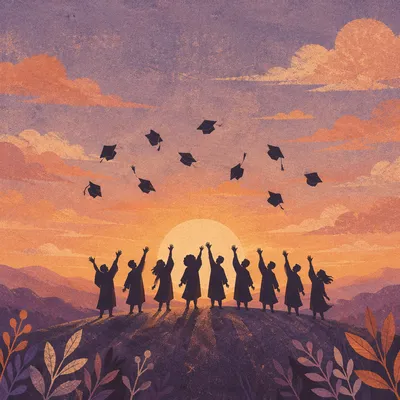 Graduation Caps Soaring at Sunset Celebration