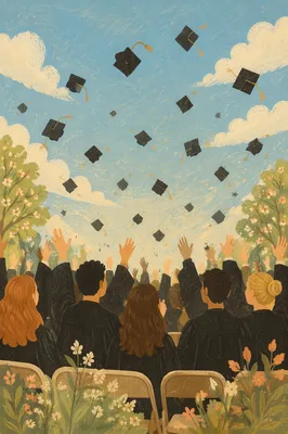 Graduation Caps Flying Over Spring Campus