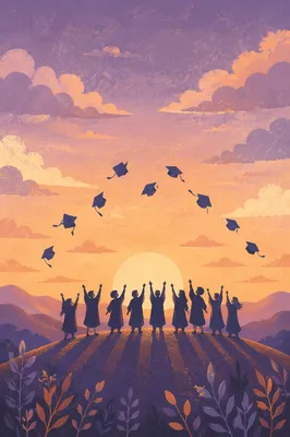 Graduation Caps Flying at Sunset Celebration