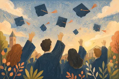 Graduation Caps Soaring Over Spring Campus